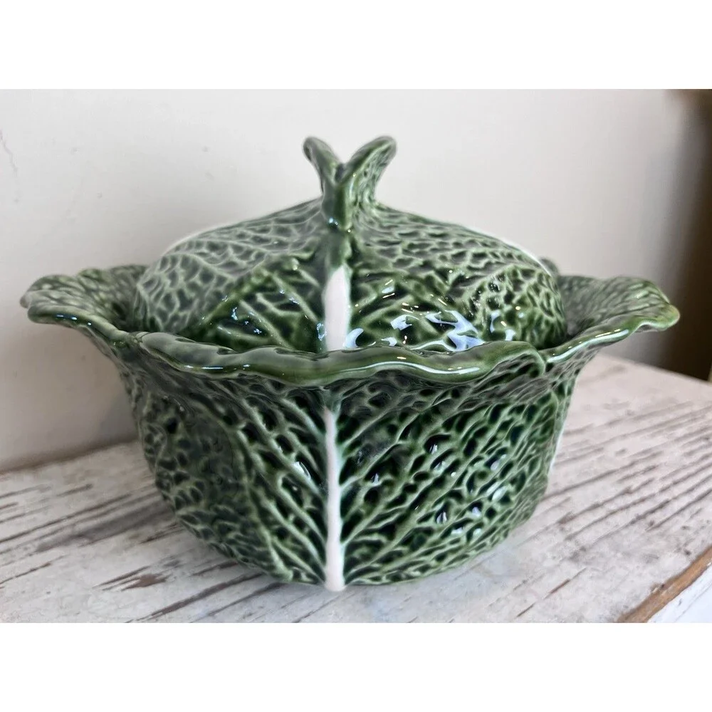 Vintage Majolica Portugal Cabbage Green Lidded Tureen 10.5” x 8” READ